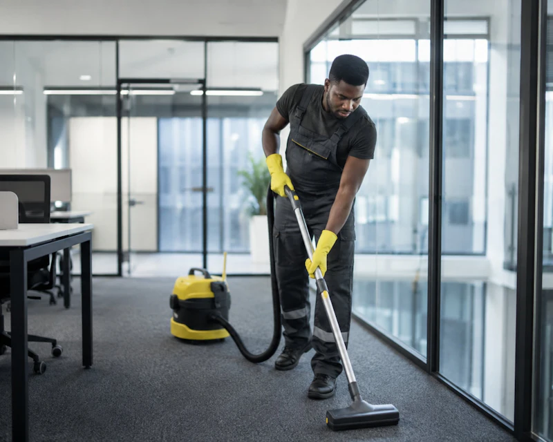 Facilities operative cleaning the floor of a commercial office