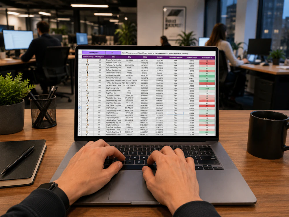 Hands typing on a laptop showing a structured data spreadsheet