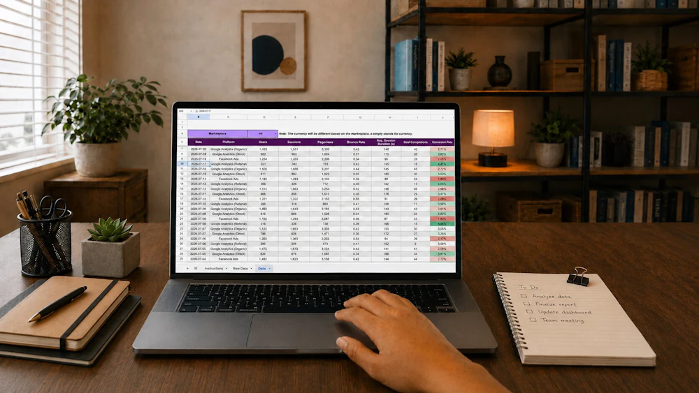Hands working through a spreadsheet of pay data on a laptop