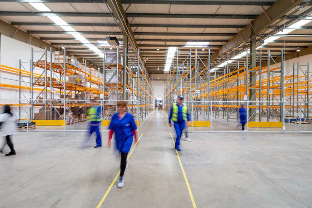 Warehouse operatives in hi-vis moving through a distribution centre